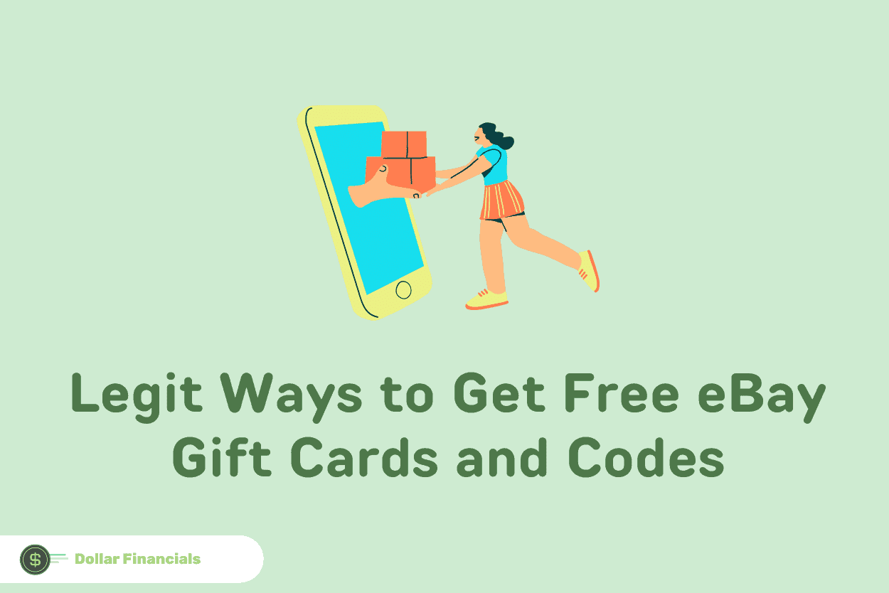 Text that reads “Legit Ways to Get Free eBay Gift Cards and Codes” below a cartoon image of a person taking boxes from a hand coming out of a smartphone